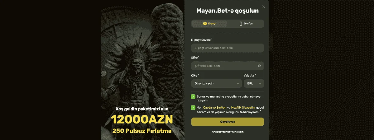 Форма регистрации Mayan Bet